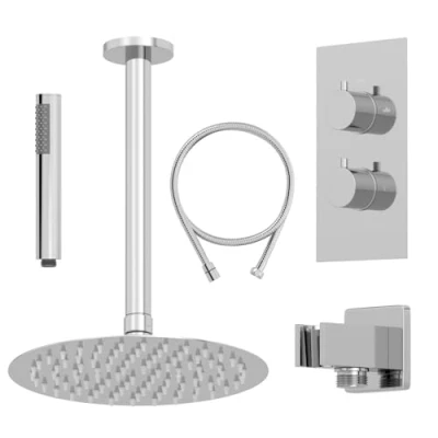 Image of BAYSTONE® Bathroom Thermostatic Mixer Shower with Round Rainfall Drencher Head Handset &amp; Concealed Valve Ceiling Mounted, Polished Chrome