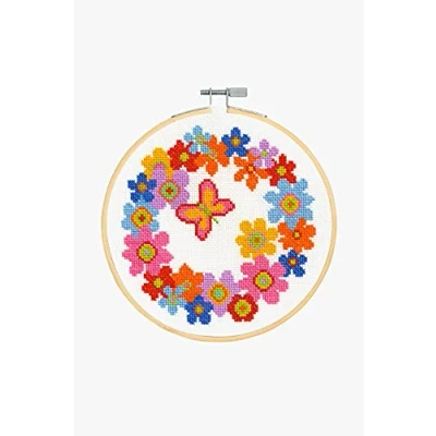Image of DMC Floral Wreath Cross Stitch Kit, Includes Aida Fabric, Chart, Threads, Needle and Instructions