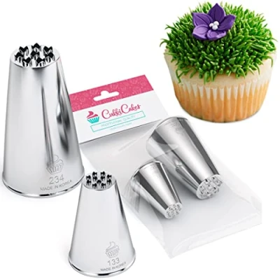 Image of CukkiCakes 2pcs Grass Piping Nozzles Set (133 and 234) Icing Nozzles, Tips for Decorating Cakes, Cupcakes Compatible with Bags Made in Korea