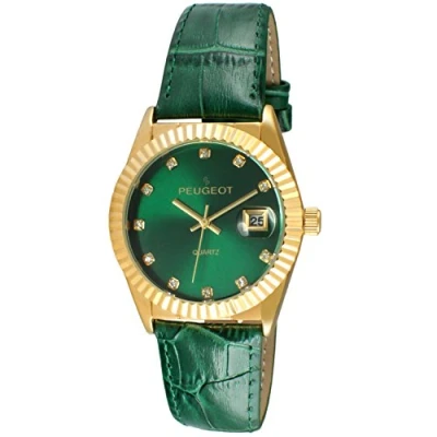 Image of Peugeot Women&#039;s Dress Quartz Watch with Coin Edge Bezel, Date Window &amp; Leather Band, Green,