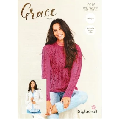 Image of Stylecraft Grace Aran Knitting Pattern 10016 Ladies Sweater &amp; Cardigan