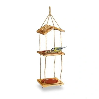 Image of Wooden Bird Feeder, for Hanging, Wild Food Dispenser, 2 Tiered Bowls, HxWxD: 73 x 20 cm, Natural Relaxdays