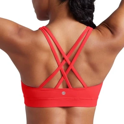 Image of CRZ Yoga Women&#039;s Strappy Back Sports Bra Mid Impact Wirefree Padded Workout Crop Top Deep Red S