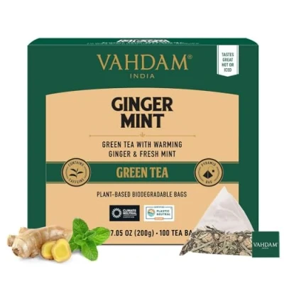 Image of VAHDAM, Ginger Mint Green Tea Bags (100 Count) High Grown with Raw Low Caffeine Non GMO, Gluten Free Resealable Ziplock Pouch