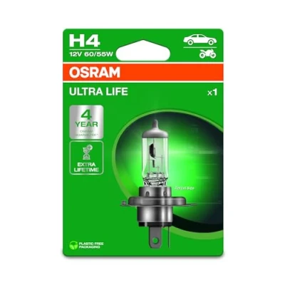 Image of OSRAM ULTRA LIFE, H4, halogen headlight lamp, Single Blister (1 lamp), white