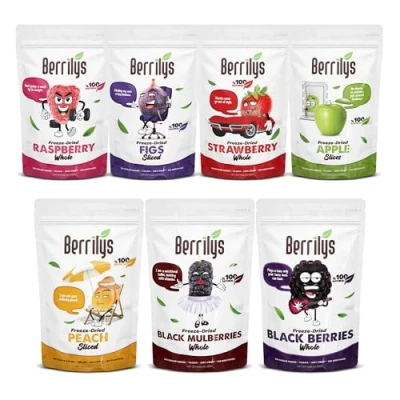 Image of Berrilys Freeze Dried Flavour Bundle, Fig, Peach, Apple, Blackberry, Black Mulberry, Raspberry, Strawberry, Healthy Snack, No Added Sugar, Non Gmo, Pack of 7, 25gr each