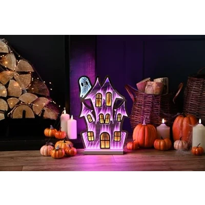 Image of Festive Productions Halloween Infinity Effect 3D Pink House LED Light 40cm Decoration Haunted Themed Décor Prop Scary Perfect for Parties, Home, Living Room