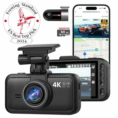 Image of Dash Cam Front Rear, 4K + Rear Full HD Camera for Cars Built in Wi Fi Bluetooth GPS with 64GB SD Card, 3.0 IPS Screen App Control, G Sensor, HDR, Night Vision, 24H Parking Mode