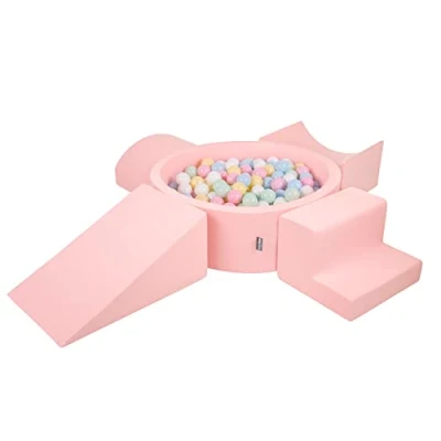 Image of KiddyMoon Foam Playground For Kids With Round Ballpit (300 Balls ∅ 7Cm/2.75In) Soft Obstacles Course And Ball Pool, Made In The EU, Pink:Pastel Blue/Pastel Yellow/White/Mint/Light Pink