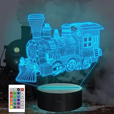 Image of CooPark Train Night Light, 3D Illusion Hologram Lamp for Kids 16 Colors Changing with Remote Control Dim Function Bedroom Decor Creative Birthday Xmas Halloween Gifts Boys Baby