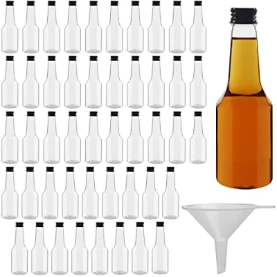 Image of BELLE VOUS 48 Pack Mini Liquor Bottles Reusable Plastic 100ml (3.4 fl oz) Empty Spirit Bottle with Black Screw Cap, Liquid Funnel for Easy Pouring, Filling Weddings &amp; Parties
