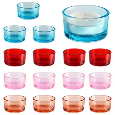 Image of Belle Vous 16 Pack of Coloured Glass Tealight Votive Candle Holders 4.5cm/1.77 Inch Diameter and 2.5cm/0.98 Height Round Holder Set for Home Decor, Weddings, Parties Table Settings