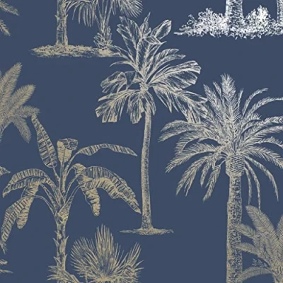 Image of Glistening Tropical Palm Tree Navy Gold Metallic Feature Wallpaper 12821