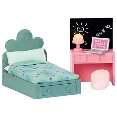 Image of LUNDBY Dolls House Furniture Teen Bedroom Doll Bed + Desk Stool LED Lamp Laptop Accessories for Mini 11 cm, Age 4+ Scale 1:18
