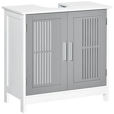 Image of kleankin Modern Under Sink Cabinet with 2 Doors, Bathroom Vanity Unit, Pedestal Design, Storage Cupboard Adjustable Shelves, Grey