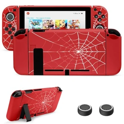 Image of JINGDU Switch Protective Case for 2017 NS, Dockable Soft TPU Protector, Slim Shock Absorption Anti Scratch Cover NS with Thumb Grips Caps (Cobweb Red)