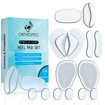 Image of ORTHOPEO© Premium Shoe Pads Heel Grip Cushion Inserts Women Men 14 PCS Gel Ankle Foot Protector No Blisters, Non Slip, Padding Loose Shoes and Boots