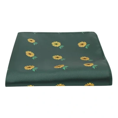 Image of King &amp; Priory Dark Green Embroidered Sunflower Pocket Square, Handkerchief