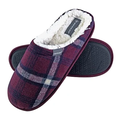Image of Dunlop Mens Warm Plush Fleece Lined Slip on Mule Checked Plaid House Slippers Red Size 9 (UK Shoe)
