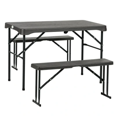 Image of Outsunny Folding Picnic Table with 2 Benches, 3 Piece Portable Garden Furniture Set for 4, Dining Plastic Top, Steel Frame, Dark Grey