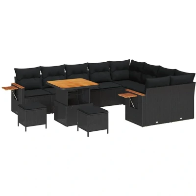 Image of vidaXL 12 Piece Garden Sofa Set with Cushions Black Poly Rattan Acacia
