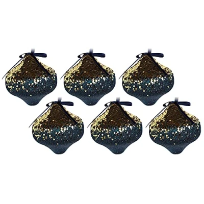 Image of 6 x Sequin Navy Blue Gold Christmas Tree Baubles Decorations Lantern