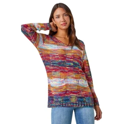 Image of Roman Mixed Yarn Pocket Detail Jumper for Women UK Ladies Autumn Everyday Winter Holiday V Neckline Comfy Long Sleeve Cool Soft Feel Top Daywear Sweaters Multi Size 12