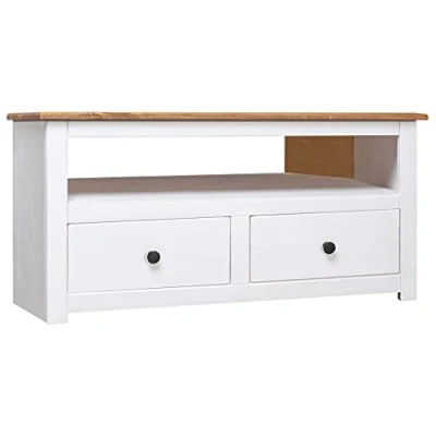 Image of vidaXL Solid Pinewood Corner TV Cabinet from Panama Range, White, Multifunctional, with 2 Drawers and an Open Compartment