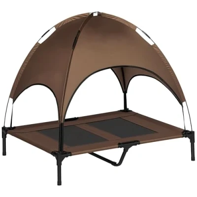 Image of PawHut 92cm Elevated Dog Bed Cooling Raised Pet Cot UV Protection Canopy Coffee