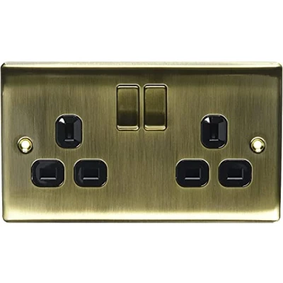 Image of BG Electrical nab22b Metal Antique Brass Double Plug Socket Switch Black 5 Pack