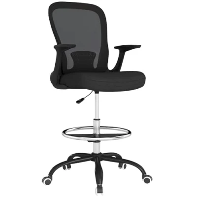 Image of HOMCOM Drafting Chair, Swivel Draughtsman Ergonomic Office Mesh Standing Desk Chair with Flip up Armrest, Lumbar Support, Adjustable Foot Ring, Black
