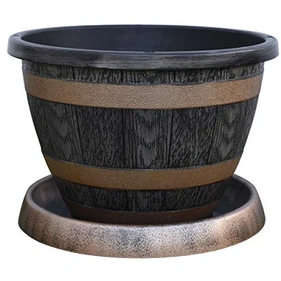 Image of Patio Pot with Saucer for Plants Wooden Barrel Effect design Made of durable garden plastic 39cm and by Thompson Morgan (1)