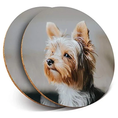 Image of 2 x Round Coasters Yorkshire Terrier Small Dog Puppy Cork Backed Home Kitchen Accessory Tea Coffee Mug Mat #46520