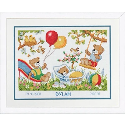 Image of Vervaco Birth Record Teddies in Garden Counted Cross Stitch Kit, Multi Colour 32 x 29cm