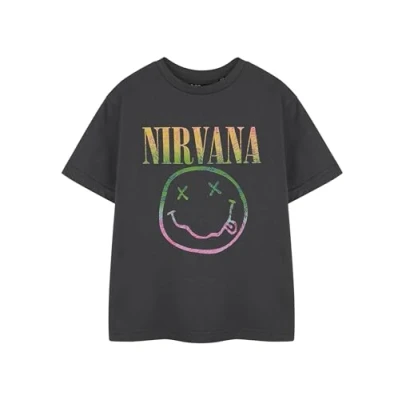 Image of Nirvana Rainbow Kids T Shirt Grey Logo Graphic Tee Short Sleeve Unisex for Children Rock Band Merchandise Youth Grunge Fashion Top &amp; Teens