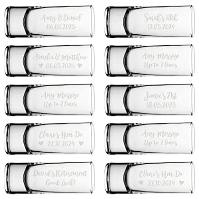 Image of Personalised Name Shot Shooter Glass Tall Double 60ml Any Message Multi Pack 5, 10, 20, 30, 40, 50, 100 Glasses Stag Hen Do Wedding Birthday 18th 21st 30th Tequila Rum Gin Whisky