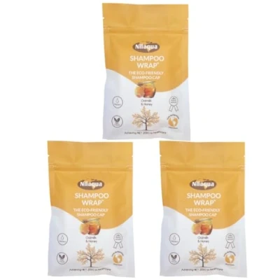 Image of Nilaqua NO Rinse Shampoo Wrap_the World&#039;s First Biodegradable Cap 100% Bamboo free Pleasant Fragrance Oatmilk &amp; Honey 3pack