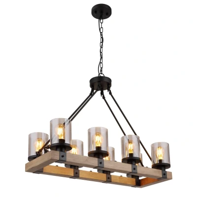 Image of Globo Lila pendant light with a wooden beam, 4 bulb
