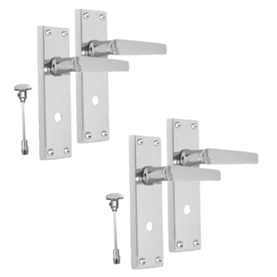 Image of Chrome Door Handles Interior Bathroom Victorian Straight Lock Handles, Polished Back Plate, 150 x 42mm, Multipack, Set 2