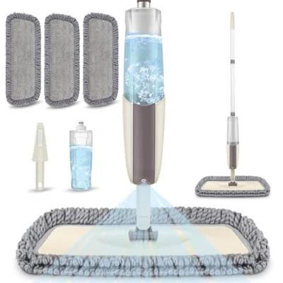 Image of Microfibre Mop Floor With Spray For Cleaning, MEXERRIS Laminate Wood Tiles Wet Dust 3 Reusable Pads 1 Refillable Bottle 410ML &amp; Scrubber