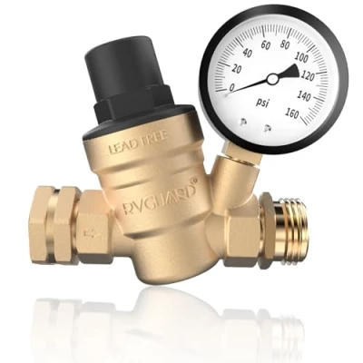 Image of RVGUARD RV Water Pressure Regulator Valve, Brass Lead Free Adjustable Reducer with Gauge and Inlet Screen Filter for Camper Travel Trailer