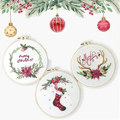 Image of Artong 3 Set Christmas Embroidery Kits, Kits with Stocking, Xmas Cross Stitch Floral Pattern for Adults Beginners Plastic Hoops and Tools