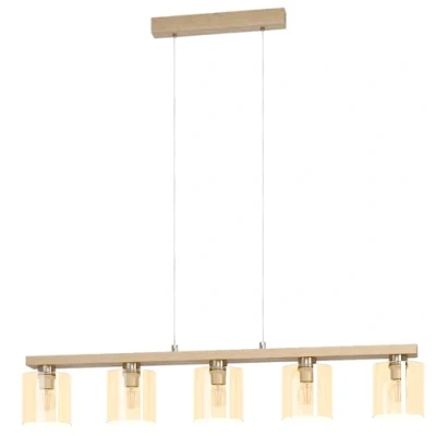 Image of EGLO Castralvo hanging light, length 115 cm, wood/amber, 5 bulb, glass