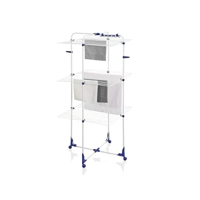 Image of Leifheit Classic Tower 340 Standing Clothes Airer, Foldable Rack for Outdoor &amp; Indoor, 34 m Horse with multiple Hooks Hangers, White and Blue 3 tier Airer