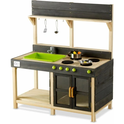 Image of EXIT Toys Yummy 200 Wooden Mud Kitchen With Working Faucet Oven and Utensils Removable Sink Play for Children 100% FSC Wood 55x102x115cm Natural