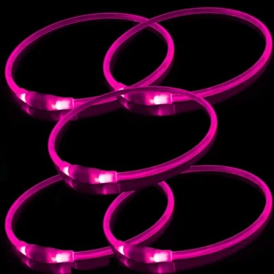Image of 5 PCS LED Dog Collar, USB Rechargeable Flashing Collar for Night Safety, Adjustable, Waterproof, Bright Illuminated Dogs, One Size Fits All, Pink