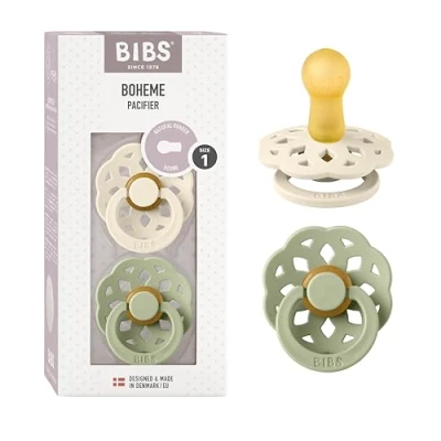Image of BIBS Boheme Soother 2 Pack. BPA Free. Round Nipple, Size 1 (0 6 Months), Ivory/Sage