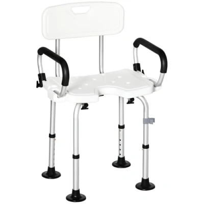 Image of HOMCOM Shower Chair for the Elderly and Disabled, Height Adjustable Stool with Back Flipped Padded Arms, Suction Foot Pads, White