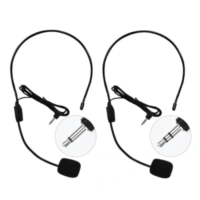 Image of HUACAM Head Mounted Microphone, 3.5mm Wired Headworn Mic, Set of 2 Mini Condenser Headset Hands Free Microphone for Singing, Flexible Boom Voice Amplifier,Teachers, Speakers, Coaches