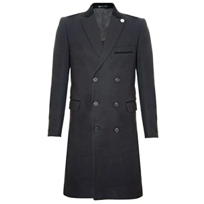 Image of TruClothing Mens 3/4 Black Long Double Breasted Crombie Overcoat Wool Coat Peaky Blinders Size 36 (Chest)